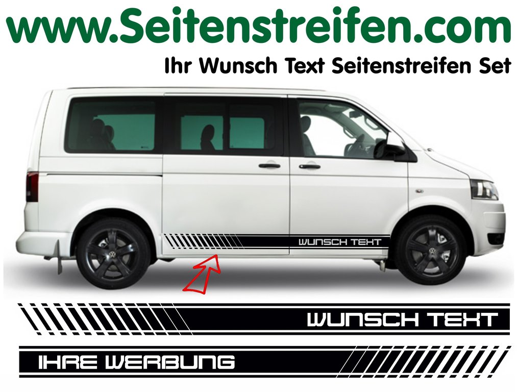 VW Bus T4 T5 T6  Wunschtext Seitenstreifen Aufkleber Set Version N°1 - Art.Nr.: 5127