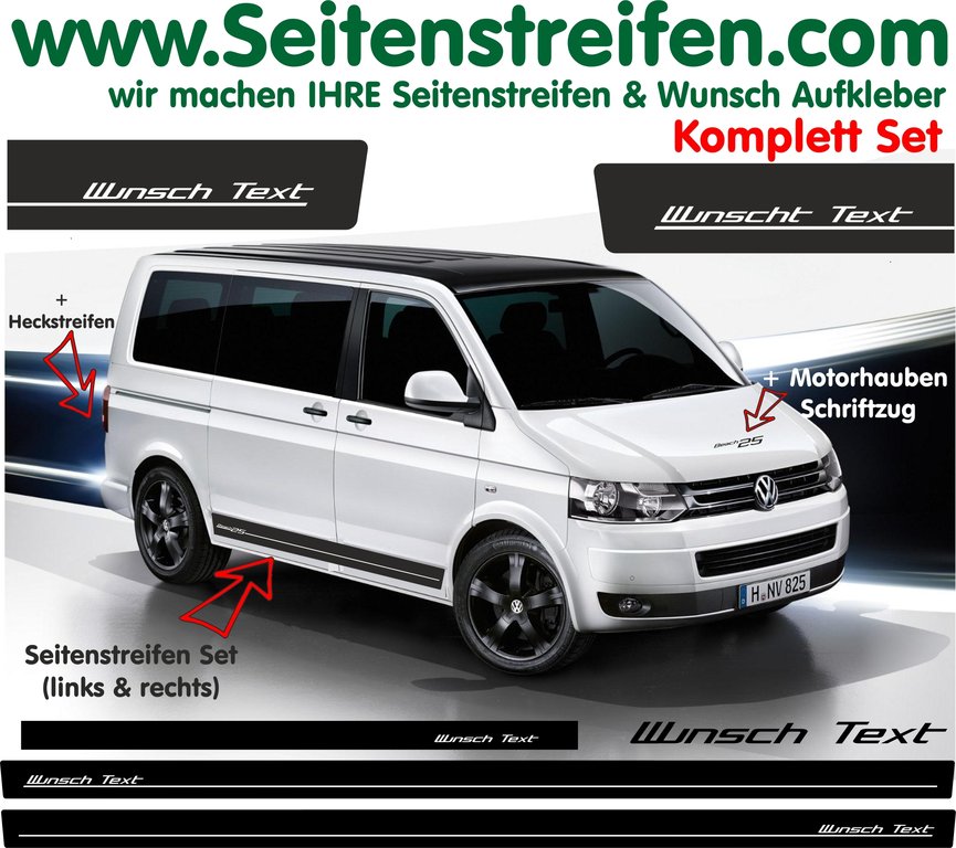 VW Bus T4 T5 T6  Wunsch Text Seitenstreifen Aufkleber Komplett Set im edition Look  Art.Nr.: 5205
