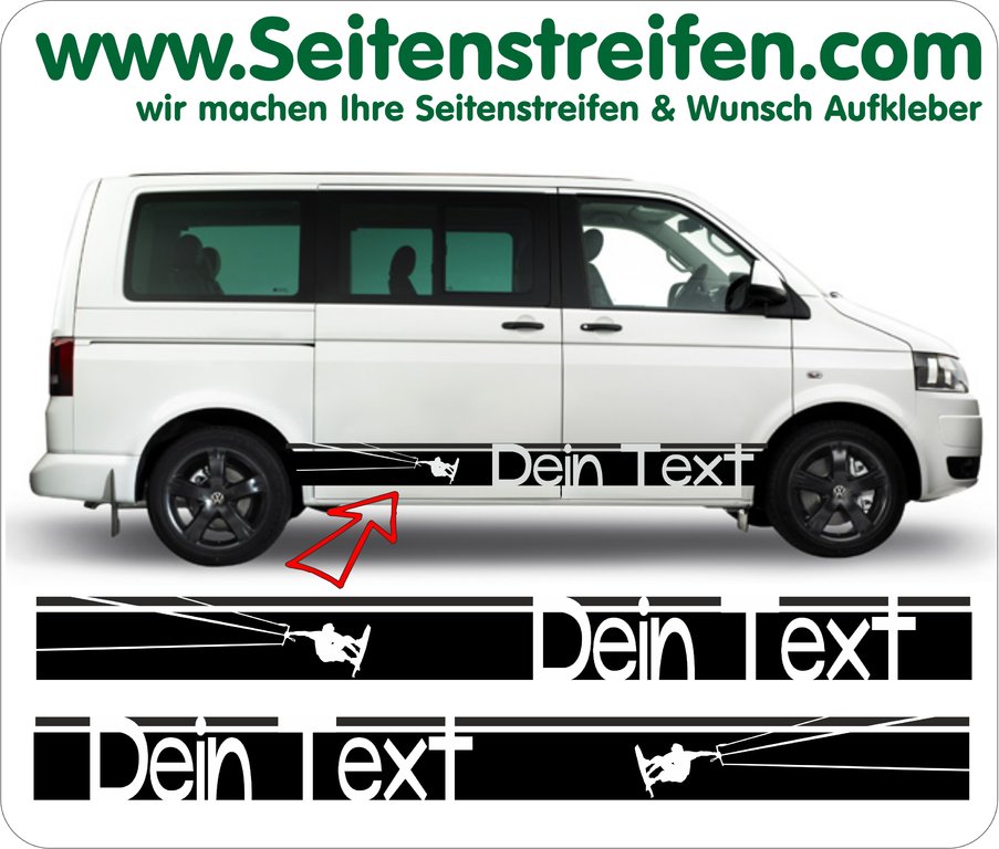 VW Bus T4 T5 T6 - YOUR TEXT Kite - Side Stripes Graphics Decals Sticker Kit - N° 2206