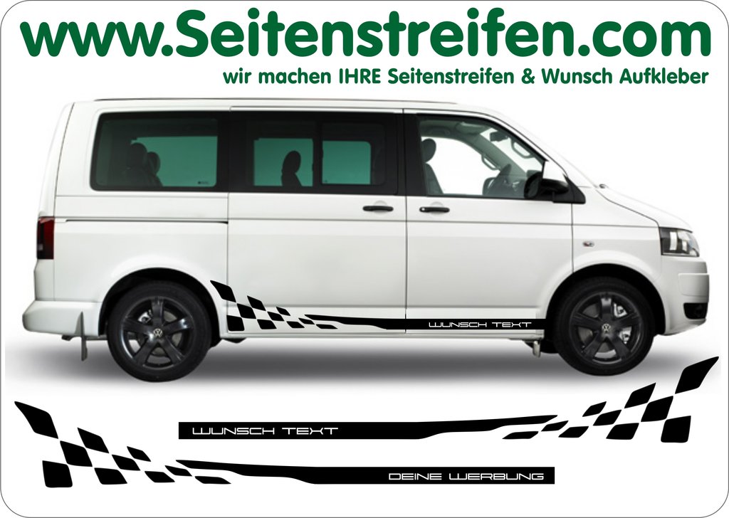 VW Bus T4 T5 T6 WUNSCH TEXT Checker Aufkleber Seitenstreifen mit Porsche Schrift - Art.Nr.: 5206