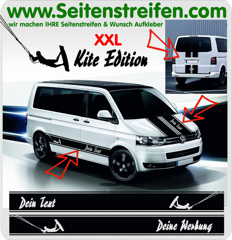 VW Bus T4 T5 T6 - YOUR TEXT Kite Surf - Side Stripes Graphics Decals Sticker Kit - N° 5026