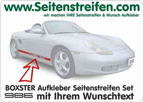 Boxster Seitenstreifen Aufkleber Set 2 Farbig mit Wunsch Text für Porsche 986 Modelle Art.Nr:5059