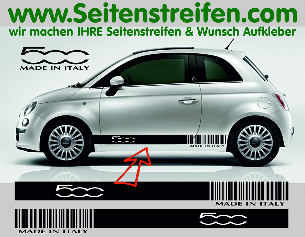 Fiat 500 - MADE IN ITALY Barcode - Side Stripes Graphics Decals Sticker Kit - Art.N°: 7681