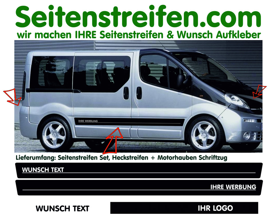 Opel Vivaro Wunsch Text Seitenstreifen Aufkleber Komplett Set - ab Bj 01 bis heute - Art.Nr: 8569