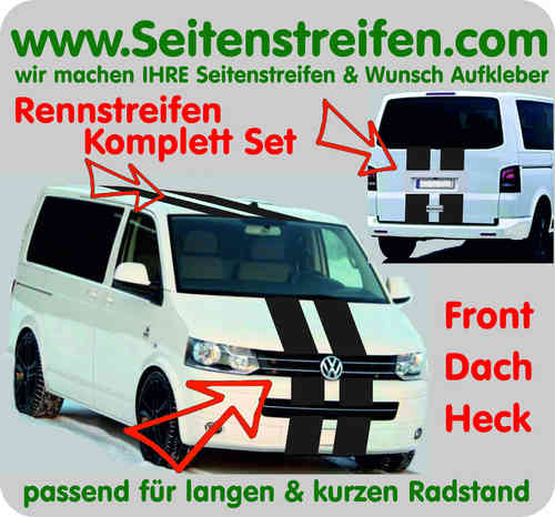 VW Bus T4 T5 T6 Doppel Streifen Viper Look Front Haube Heck Aufkleber Komplett Set - Art Nr.: 5719