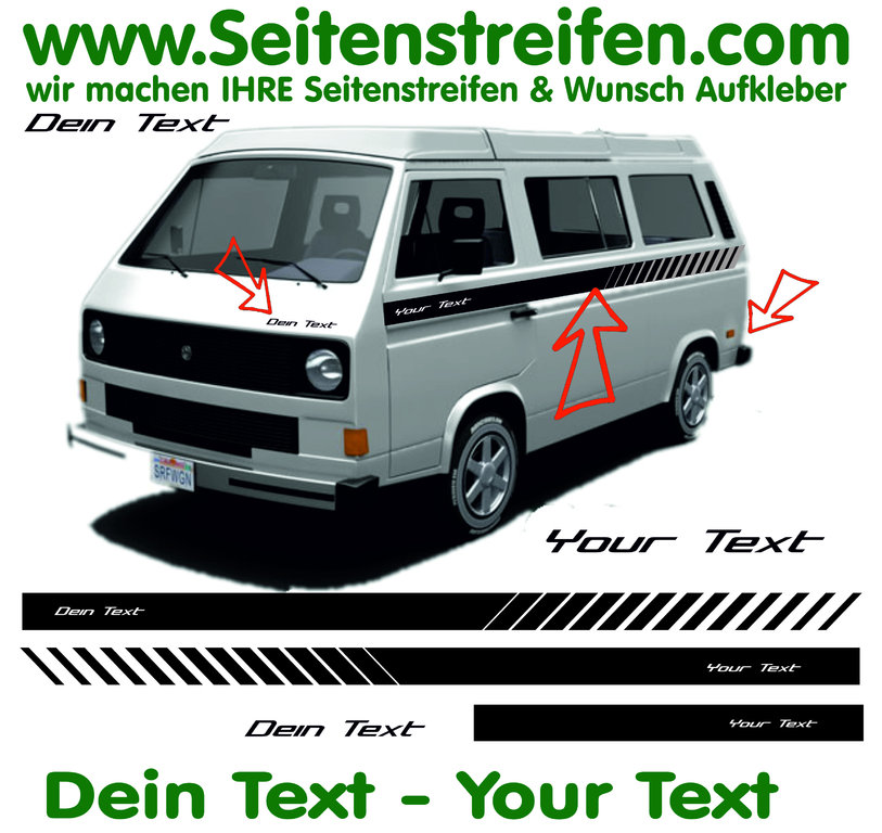 VW Bus T3 - YOUR TEXT EVO Custom - Side Stripes Graphics Decals Sticker Kit - N° 17025