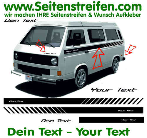 VW Bus T3 Wunsch Text EVO CUSTOM Seitenstreifen Aufkleber Dekor Komplett Set  - Art.Nr.: 17025