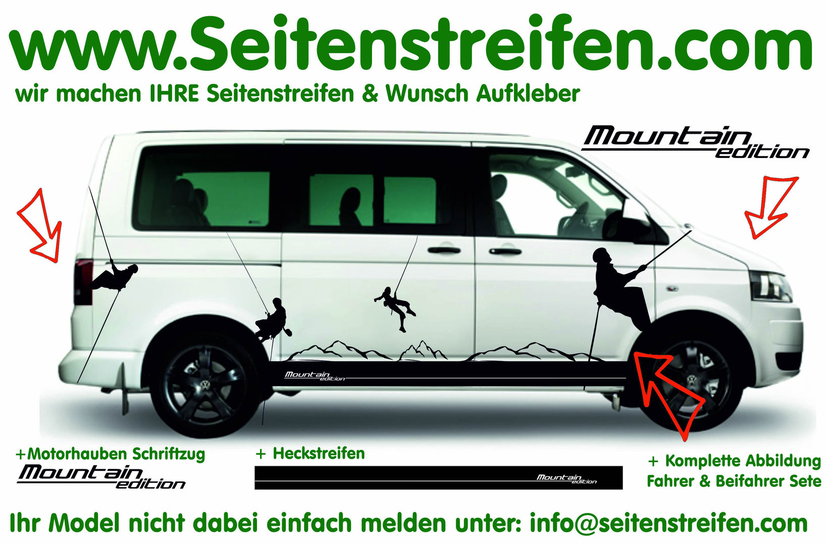 VW Bus T4 T5 T6  Bergsteiger Mountain Edition Seitenstreifen Aufkleber XXL komplett Set Art Nr 4777
