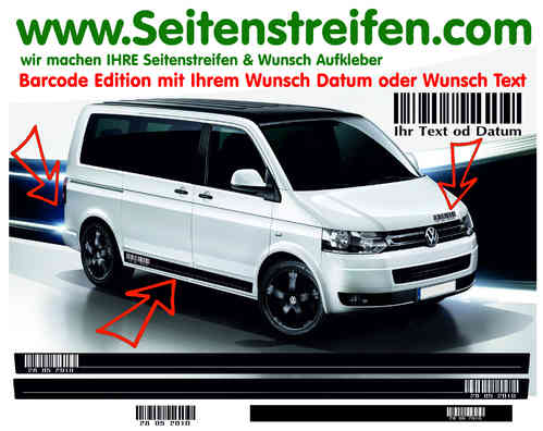 VW Bus T4 T5 T6  Edition Look Barcode Seitenstreifen Aufkleber Set mit Wunsch Datum  - Art.Nr.: 6986