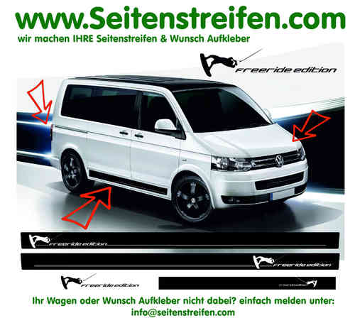 VW Bus T4 T5 T6  WAKEBOARD freeride edition Seitenstreifen Aufkleber Set- Art. 9732