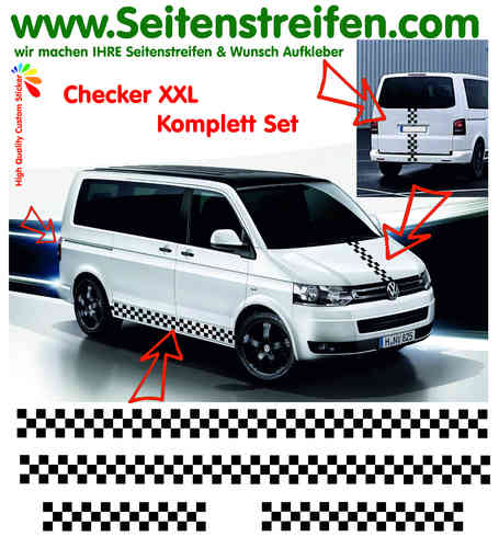 VW Bus T4 T5 T6 Karo Checker XXL Seitenstreifen Aufkleber Dekor Komplett Set - Art.Nr.: 4005