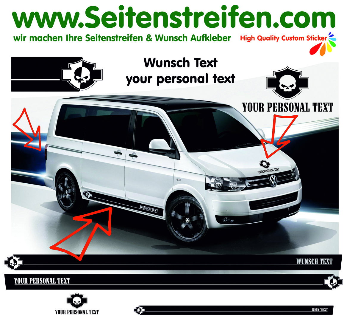 VW Bus T4  T5 T6 Skull Biker Wunsch Text Seitenstreifen Aufkleber Komplett Set - Art.Nr.: 2251