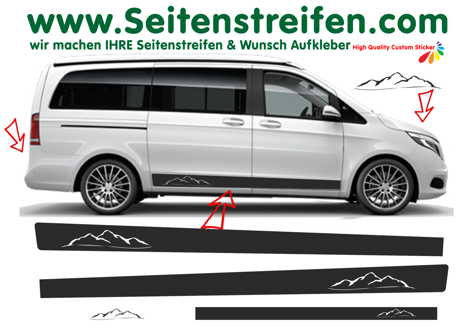 Mercedes Benz V Klasse Baureihe Wandern Berge Seitenstreifen Aufkleber Set, N° 3610