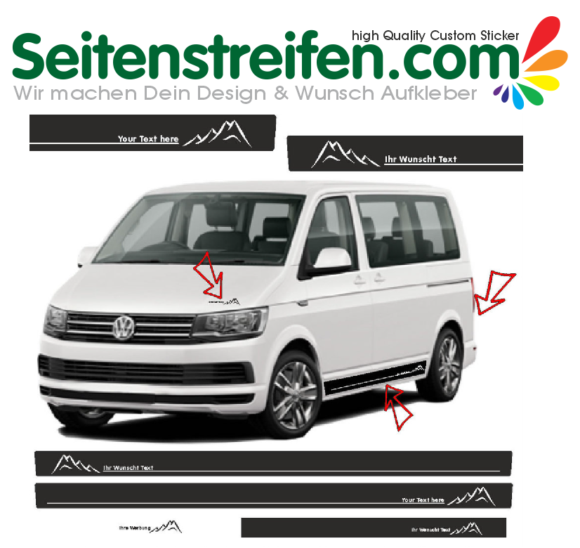 VW Bus T4 T5 T6 - YOUR TEXT Mountain - Side Stripes Graphics Decals Sticker Kit - N° 6680