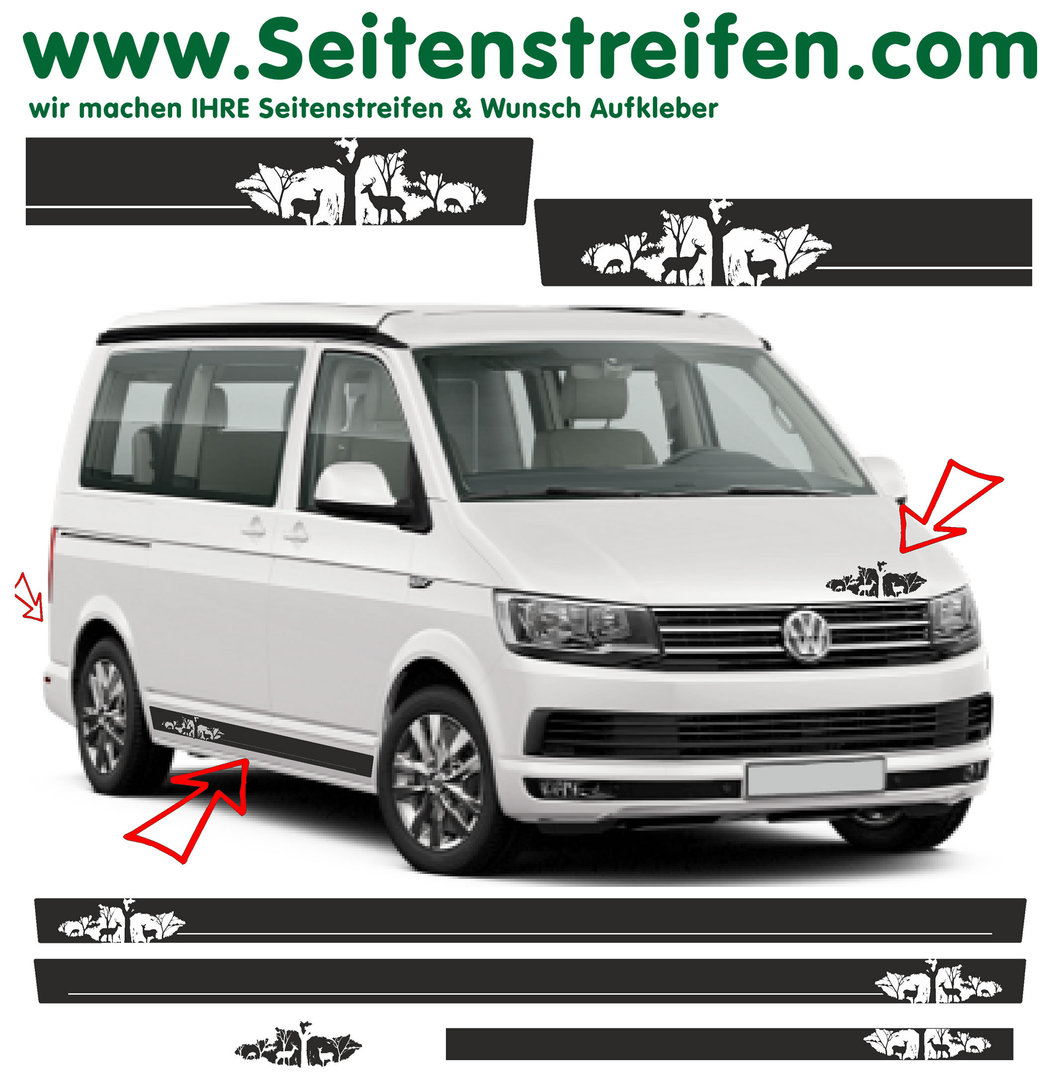 VW Bus T4 T5 T6  - YOUR TEXT Deer Forest Nature - Side Stripes Graphics Decals Sticker Kit - N° 7846