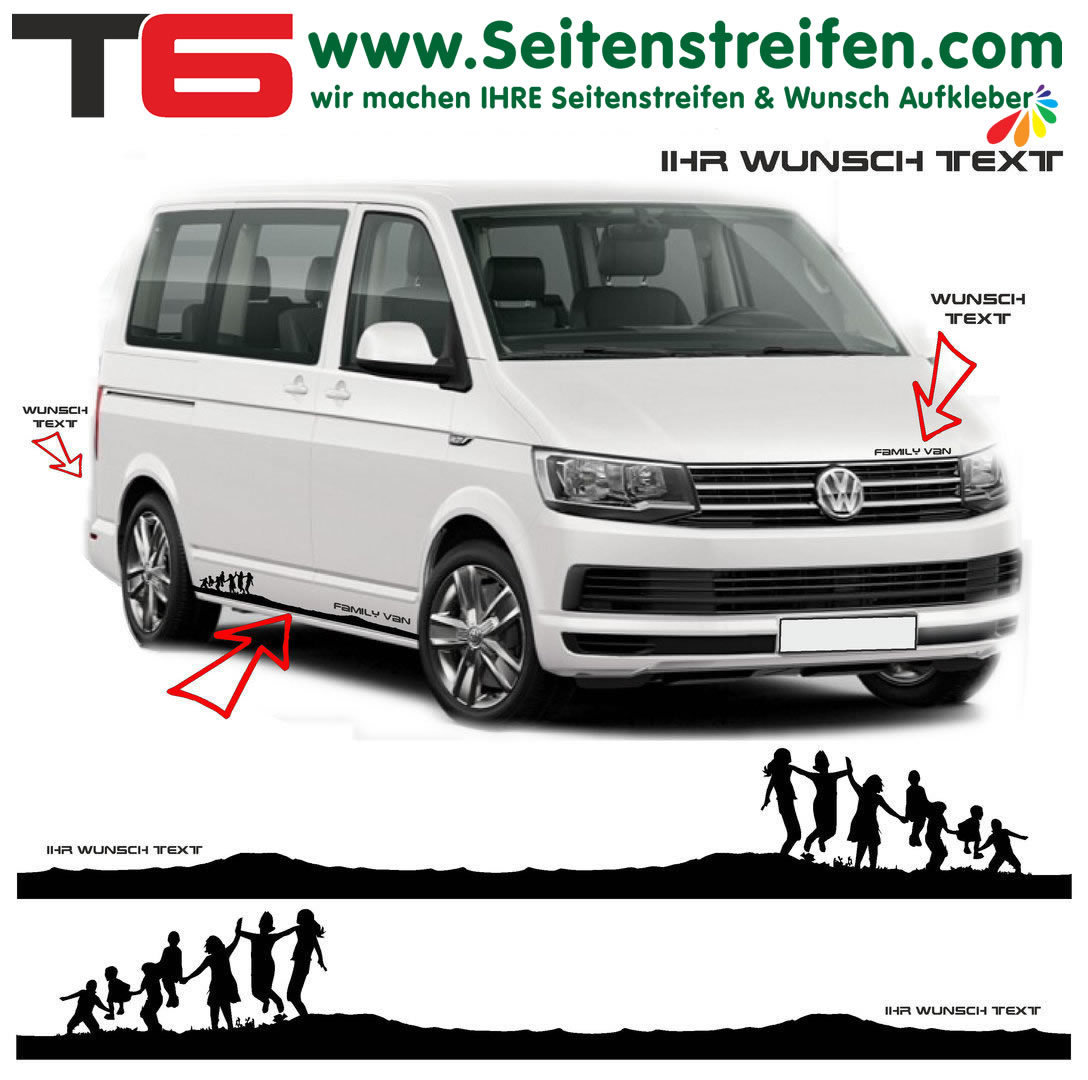 VW BUS T4 T5 T6 - Children's Family YOUR TEXT - Side Stripes Graphics Decals Sticker Kit - N° 7841