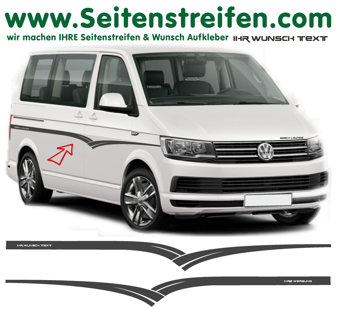 VW Bus T4 T5 T6 - Wings YOUR TEXT - Side Stripes Graphics Decals Sticker Kit - N° 7103