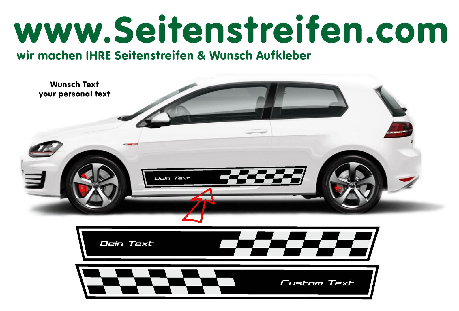 VW Golf - Big Checker YOUR TEXT for 3+4 Doors - Side Stripes Graphics Decals Sticker Kit - N° 8510