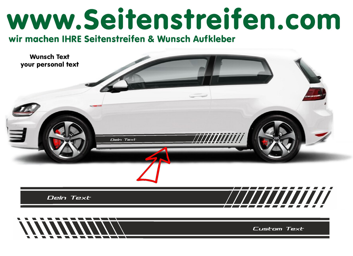 VW Golf Wunsch Text EVO Seitenstreifen Aufkleber Set für 3+4 Türer - Art. Nr.: 8513