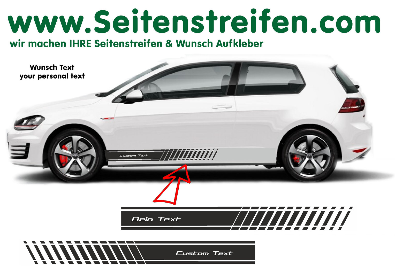 VW Golf Wunsch Text EVO Version N° 3 Seitenstreifen Aufkleber Set für 3+4 Türer - Art. Nr.: 8515