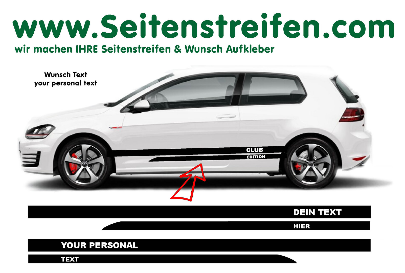 VW Golf -  Version N°5 YOUR TEXT for 3+4 Doors - Side Stripes Graphics Decals Sticker Kit - N° 8519