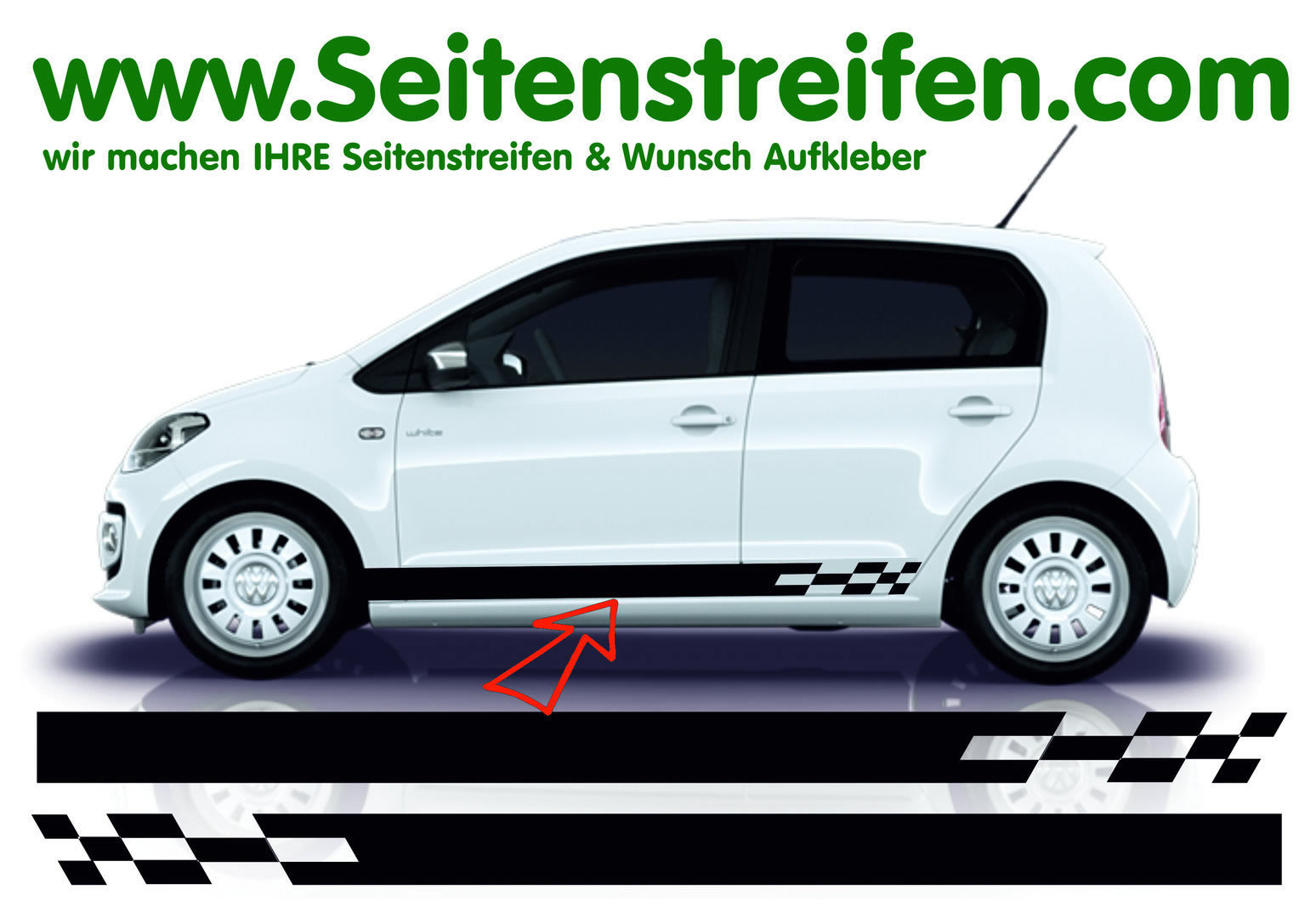 VW Up - Checker XL fits 2 + 4 Doors - Side Stripes Graphics Decals Sticker Kit - N° 8535