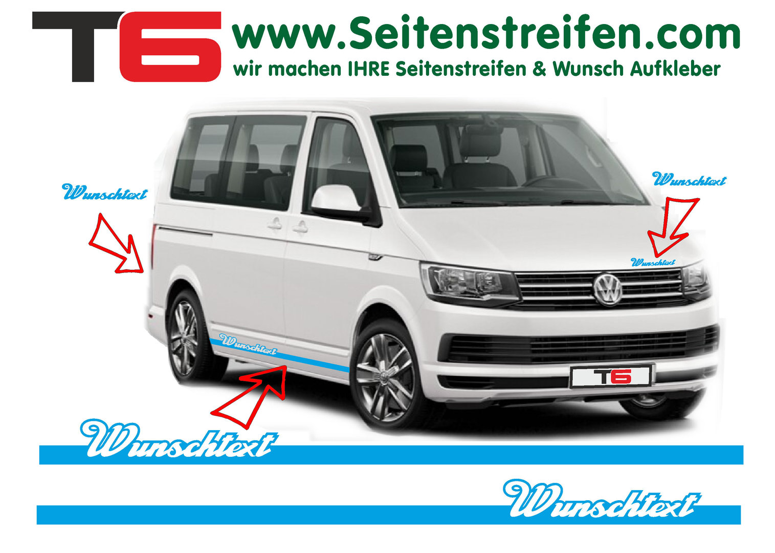 VW Bus T4 T5 T6 - YOUR TEXT Elegant - Side Stripes Graphics Decals Sticker Kit - N° 7110