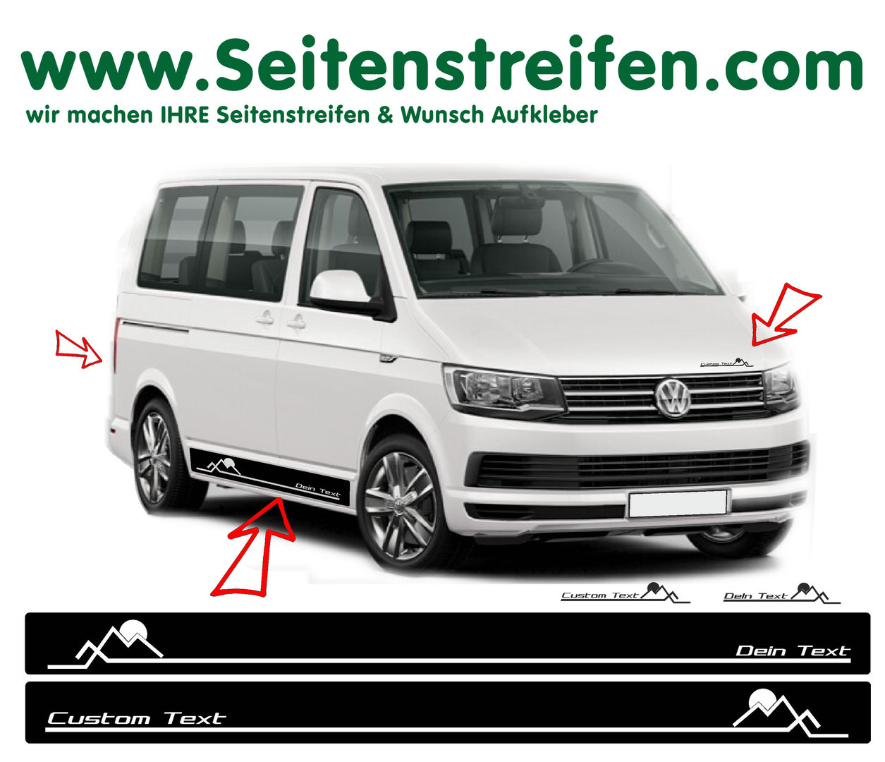 VW Bus T4 T5 T6 - YOUR TEXT Sun Mountains Hiking Side Stripes Graphics Decals Sticker Kit - N° 7112