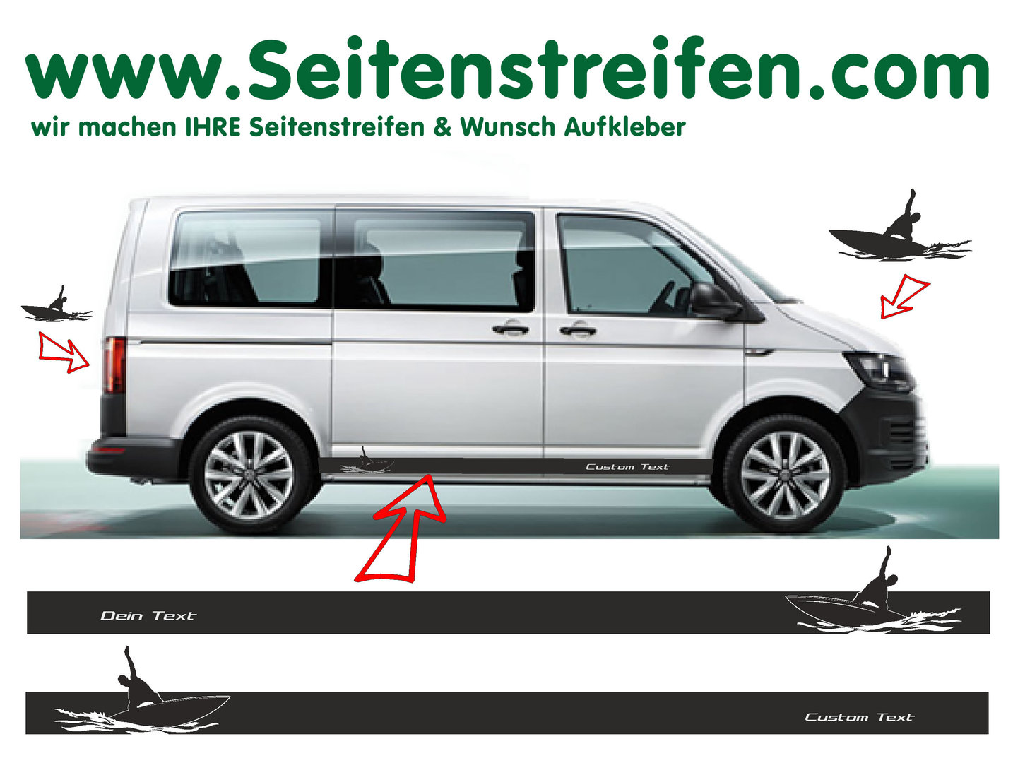 VW Bus T4 T5 T6  Wunschtext Surf Surfer Wellenreiter Seitenstreifen Aufkleber Dekor Set - 7153