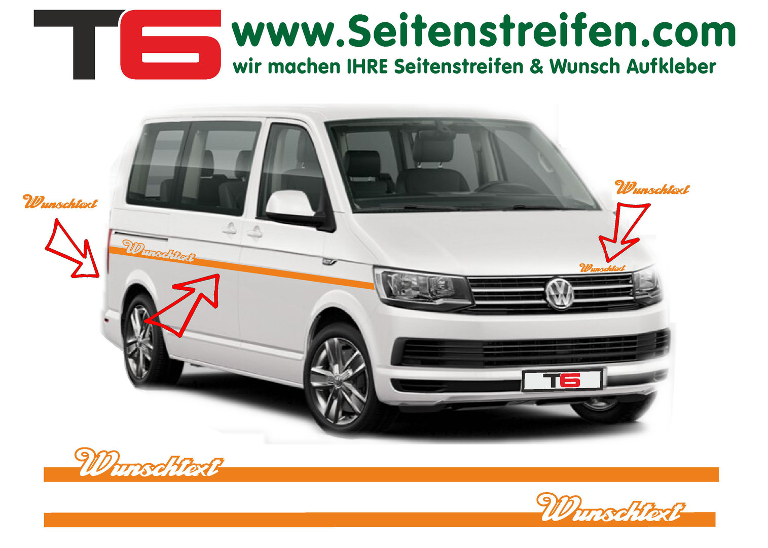 VW Bus T4 T5 T6  Wunschtext Elegant Custom Seitenstreifen Aufkleber Dekor Set - Art.Nr.: 7158