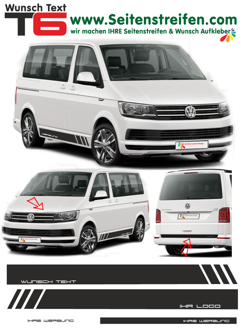 VW Bus T4 T5 T6 - Edition YOUR TEXT / LOGO 2016 - Side Stripes Graphics Decals Sticker Kit - N° 5384