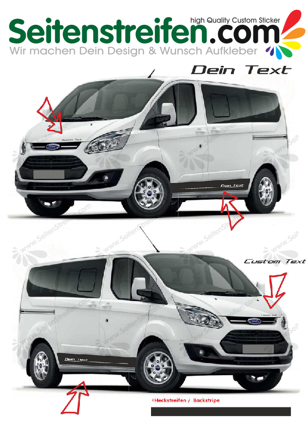 Ford Transit Custom - your text or logo - Edition side stripes Graphics Decals Sticker Kit - N° 1163