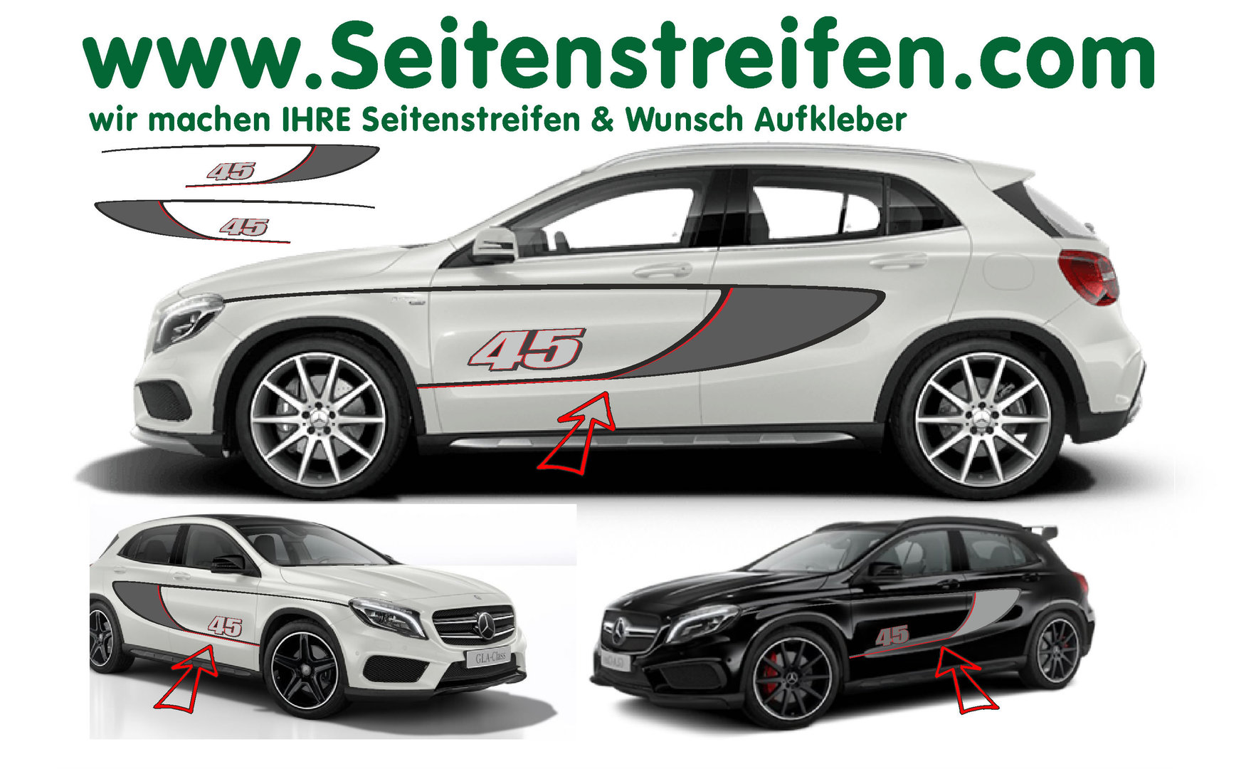 Mercedes Benz GLA  AMG 45 Edition 1 Seitenstreifen Aufkleber Set Farbe Graphit / Schwarz / Rot  6109