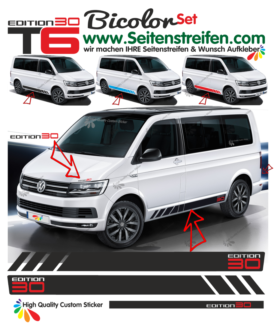 VW T4 T5 T6 - Edition 30 Bicolor 2016 adesivi strisce laterali adesive auto sticker - 9470