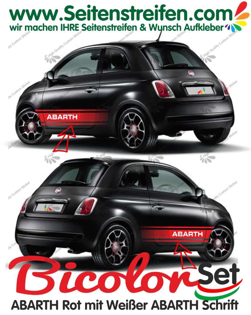 Fiat 500 - Abarth retro Bicolor - Graphics Decals Sticker Kit - N° 1492 Red with white text