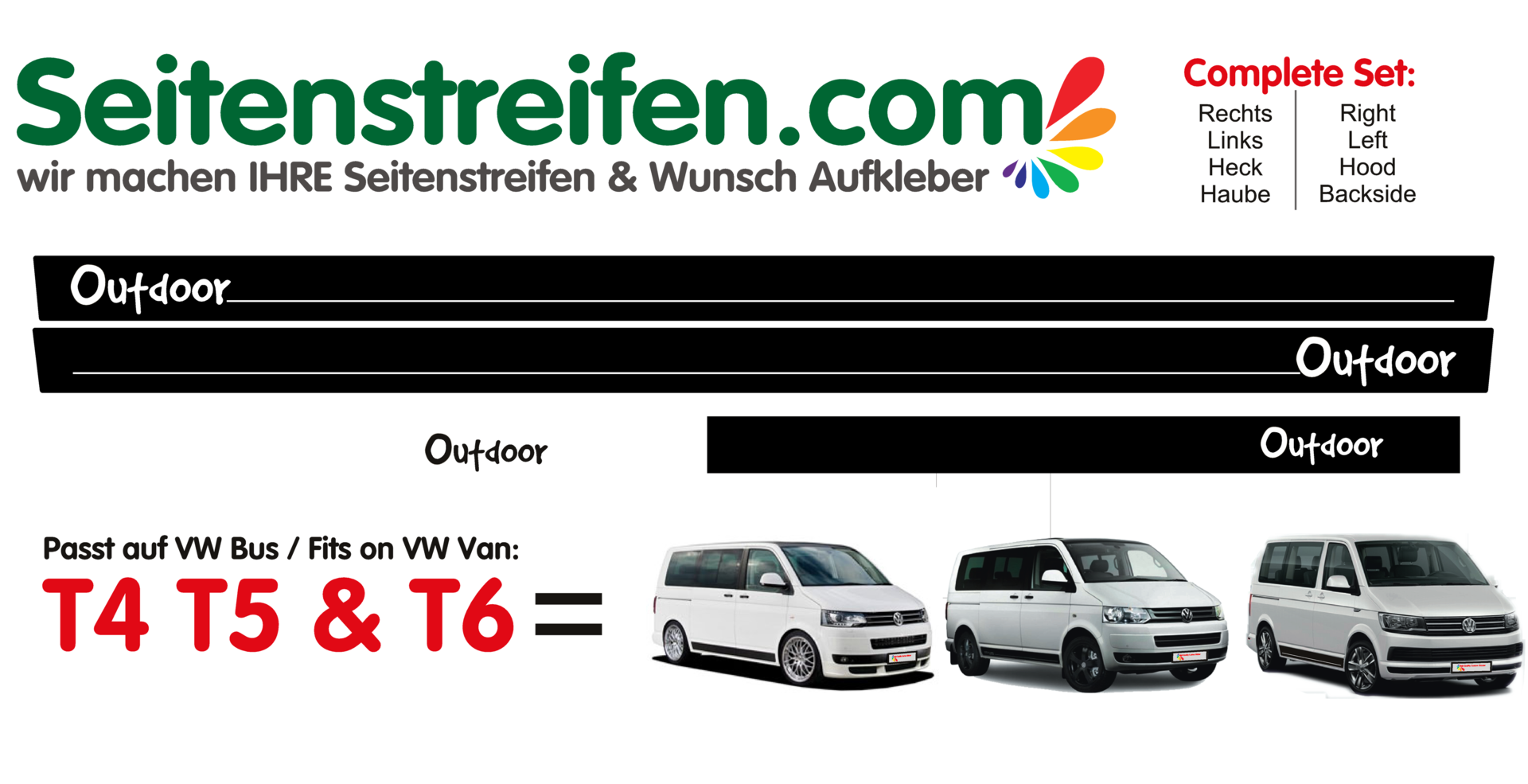 VW BUS T4 T5 T6 Outdoor Seitenstreifen Aufkleber Dekor komplett Set - Art.Nr.: 3304