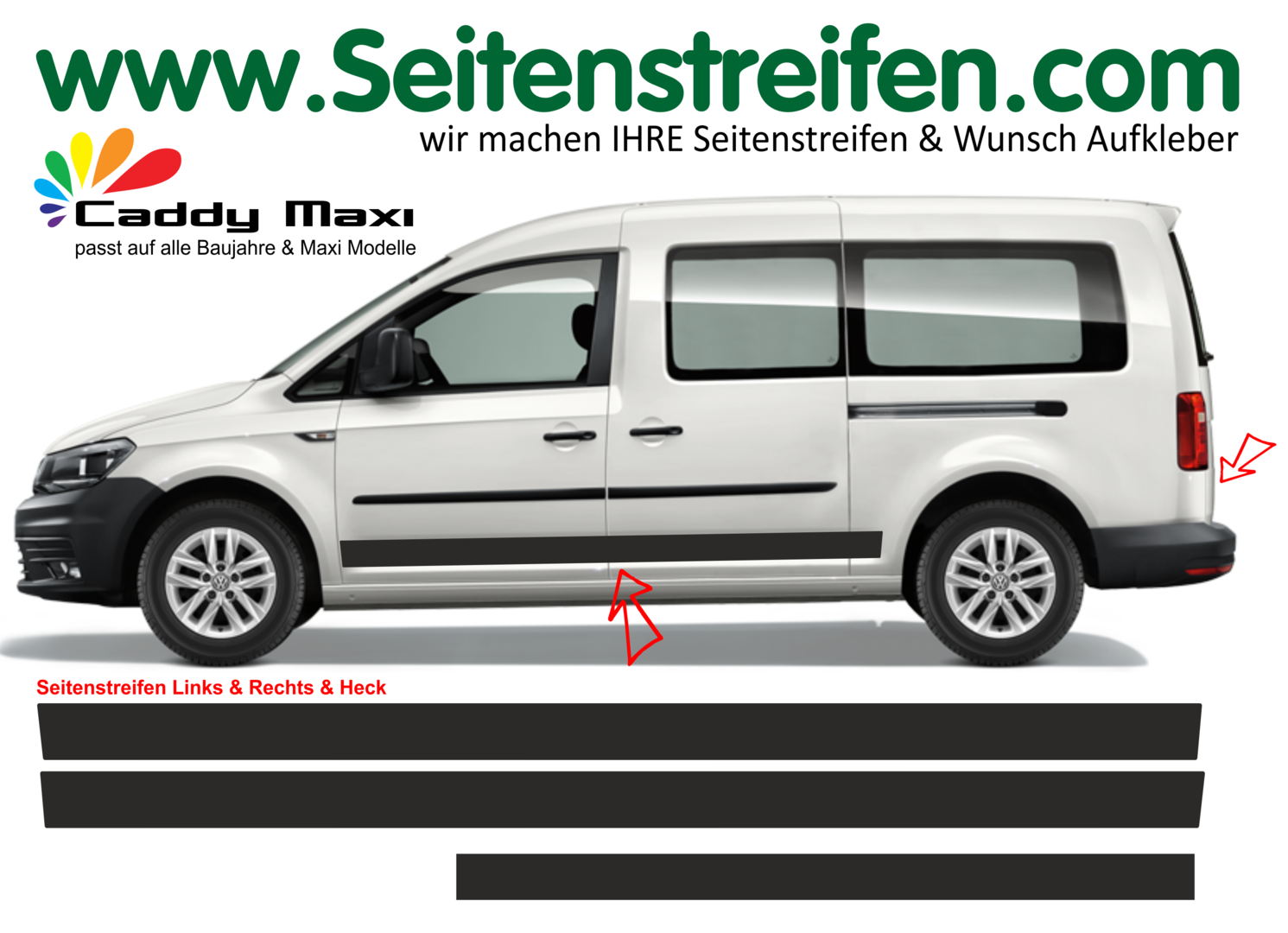 VW Caddy Maxi - boční pruhy bez textu + zadní pruh - sada bočních polepů - polepy - N° 1071