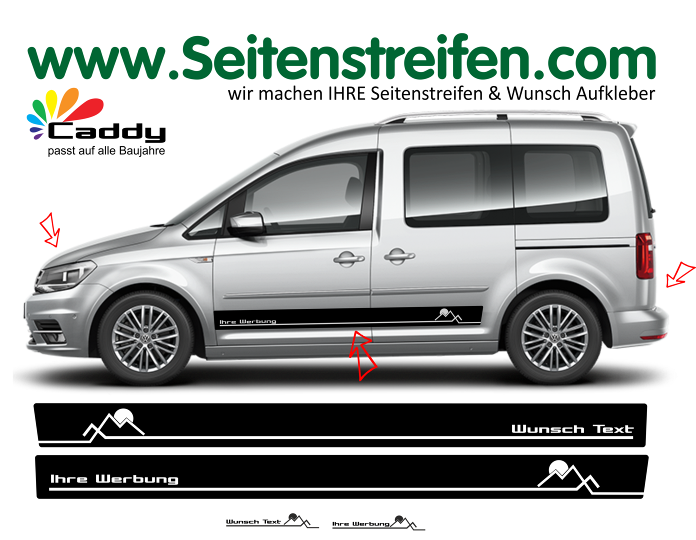 VW Caddy - Montagne Sole Escursione adesivi strisce laterali adesive auto sticker - 1072