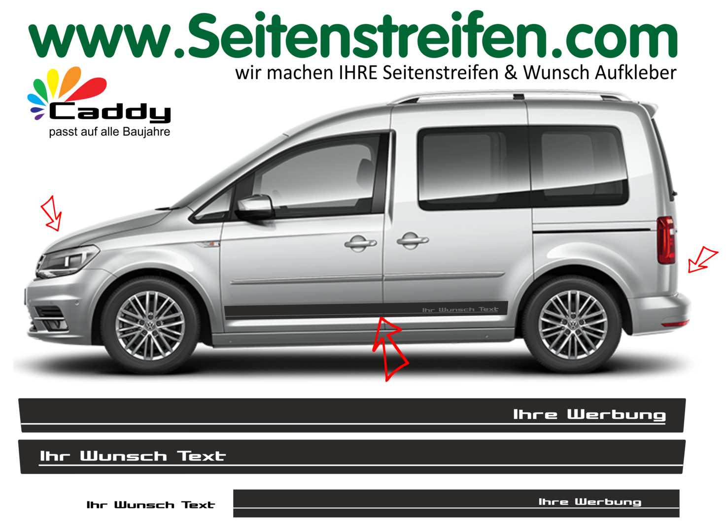 VW Caddy Wunsch Text - Ihre Werbung Dekor Seitenstreifen Aufkleber Komplett Set - Art.Nr: 1076