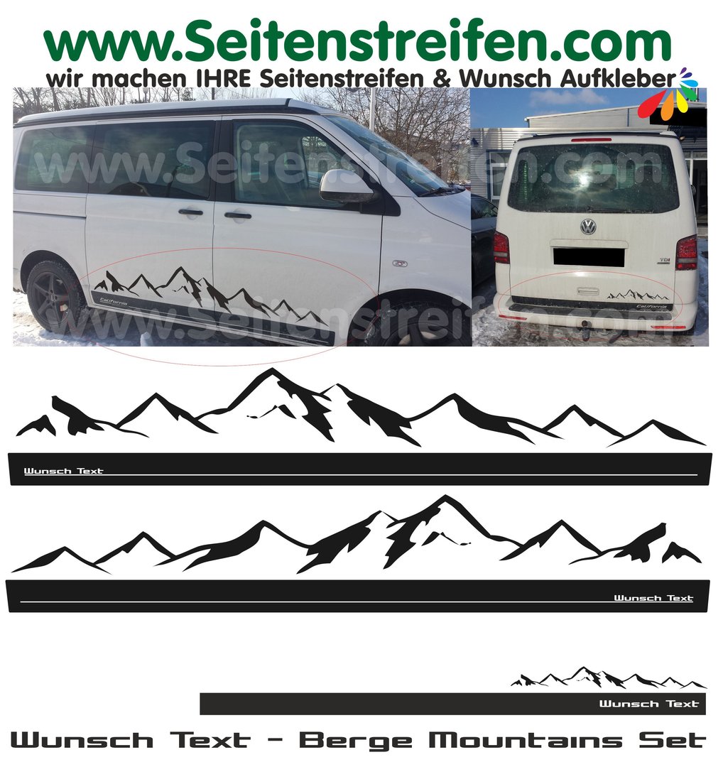 VW T4 T5 T6 - YOUR TEXT Mountain Massif XL - Side Stripes Graphics Decals Sticker Kit - N° 1905