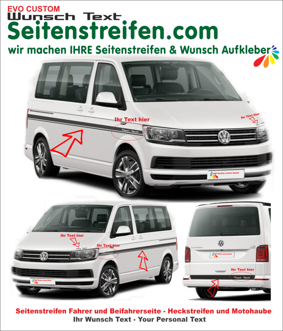 VW Bus T4 T5 T6 - YOUR TEXT - Side Stripes Graphics Decals Sticker Kit - N° 9457