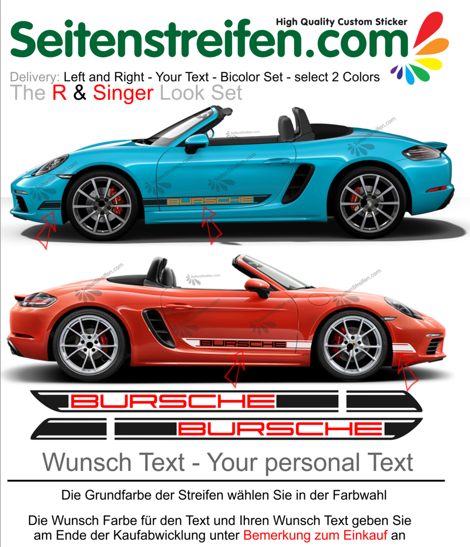 PORSCHE Porsche Boxster 718 Wunsch Text R Singer Seitenstreifen Bicolor Aufkleber Nr 9919