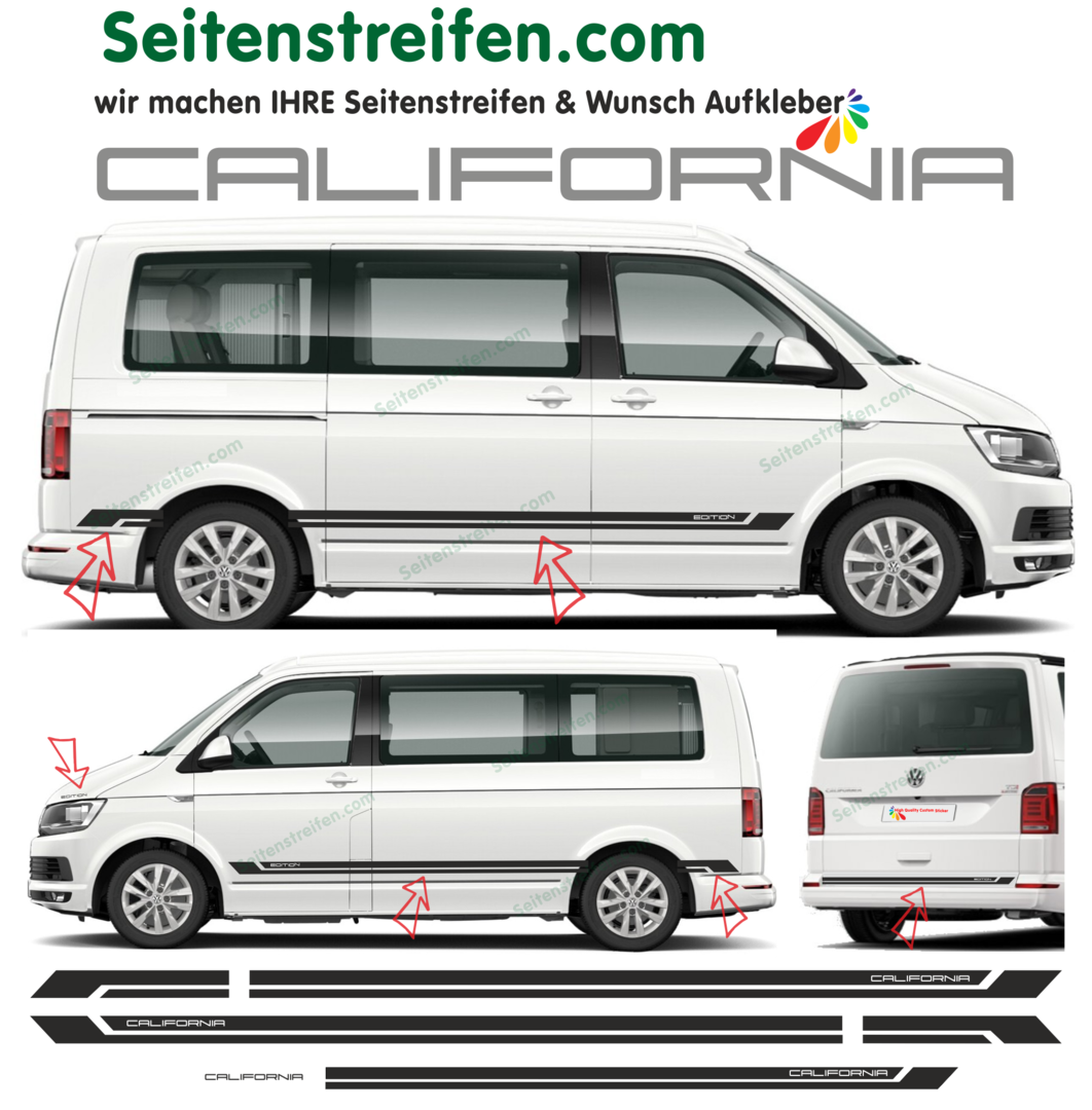 VW Bus T5 T6 - CALIFORNIA Edition 2018 Seitenstreifen Aufkleber Dekor Set: 9564