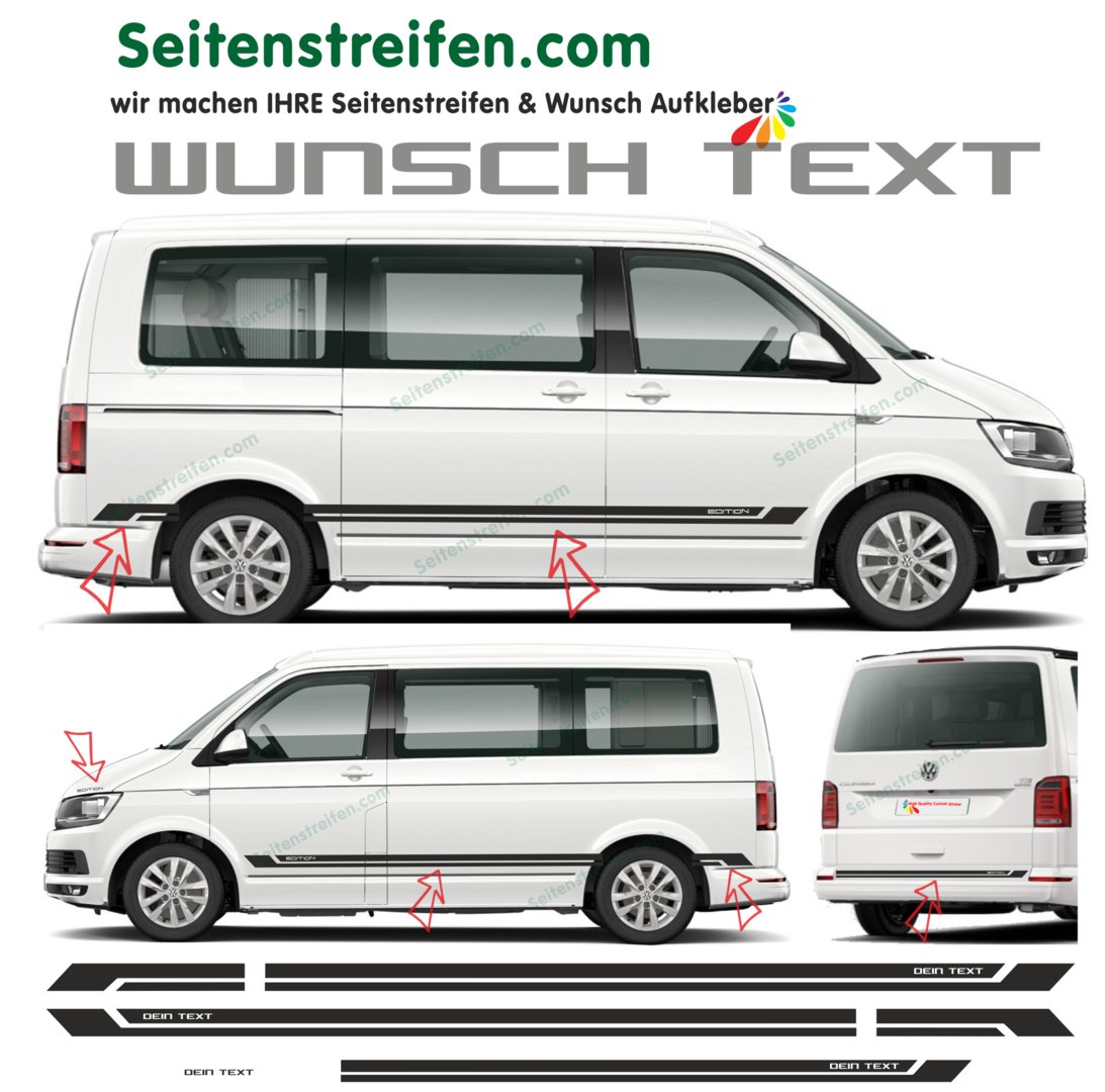 VW Bus T4 T5 T6 - YOUR TEXT Edition 2018 - Side Stripes Graphics Decals Sticker Kit - N° 9071