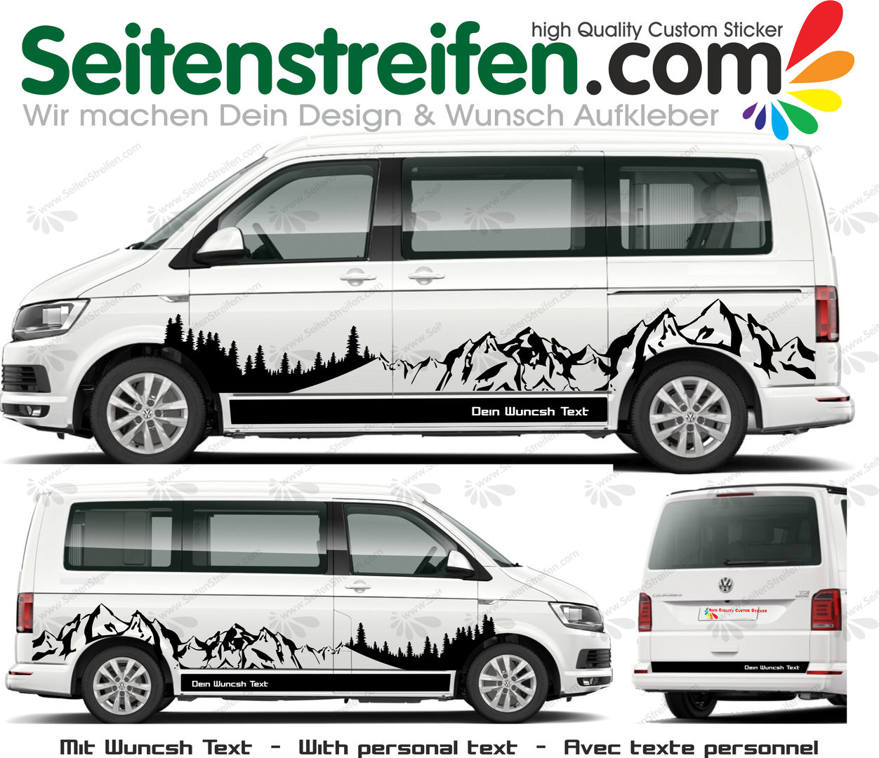 VW Bus T4 T5 T6 - sada bočních polepů - text / reklama na přání motiv hor a lesa - polepy - N° 3002