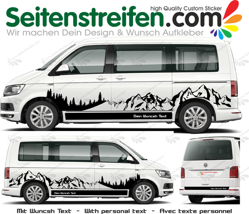 VW Bus T4 T5 T6 Wunsch Text / Deiner Werbung Berg Mountain Wald  Aufkleber XXL Set N° 3002