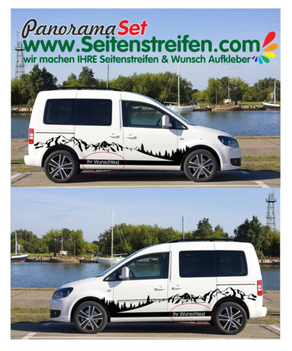 VW Caddy Wunsch Text XXL Berge Wald Outdoor Dekor Seitenstreifen Aufkleber Set - Art.Nr: U1901