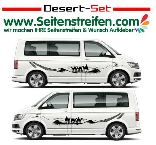 VW Bus T4 T5 T6 - Motiv poušť, velbloudi a stopy pneumatik - sada bočních polepů - polepy - N°U1906