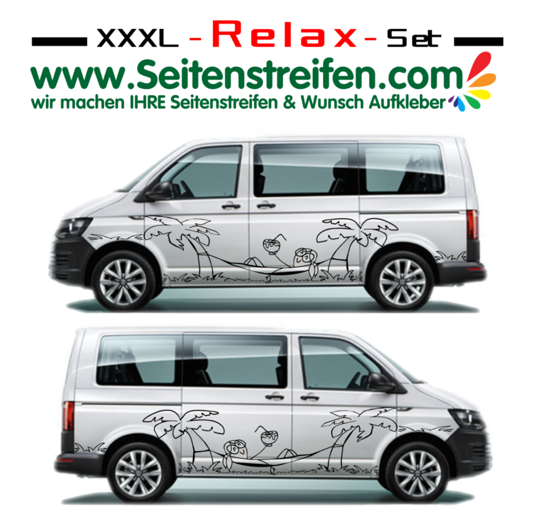 VW Bus T4 T5 T6 - Girl Hammock Coconut Relax Vacation Beach Panorama - Decals Sticker Kit - N° U1919