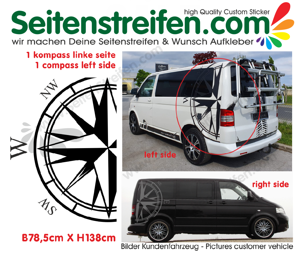 VW Bus T4 T5 T6 XXL Kompass Linke Seite Aufkleber Dekor Sticker Nr.: 5333